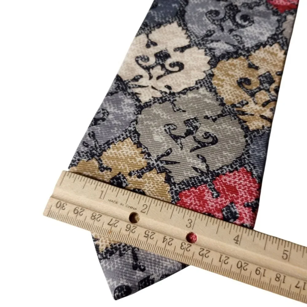 Evan-Picone Mens Silk Tie Geometric Patchwork Grey Gold Red Scrollwork USA Made